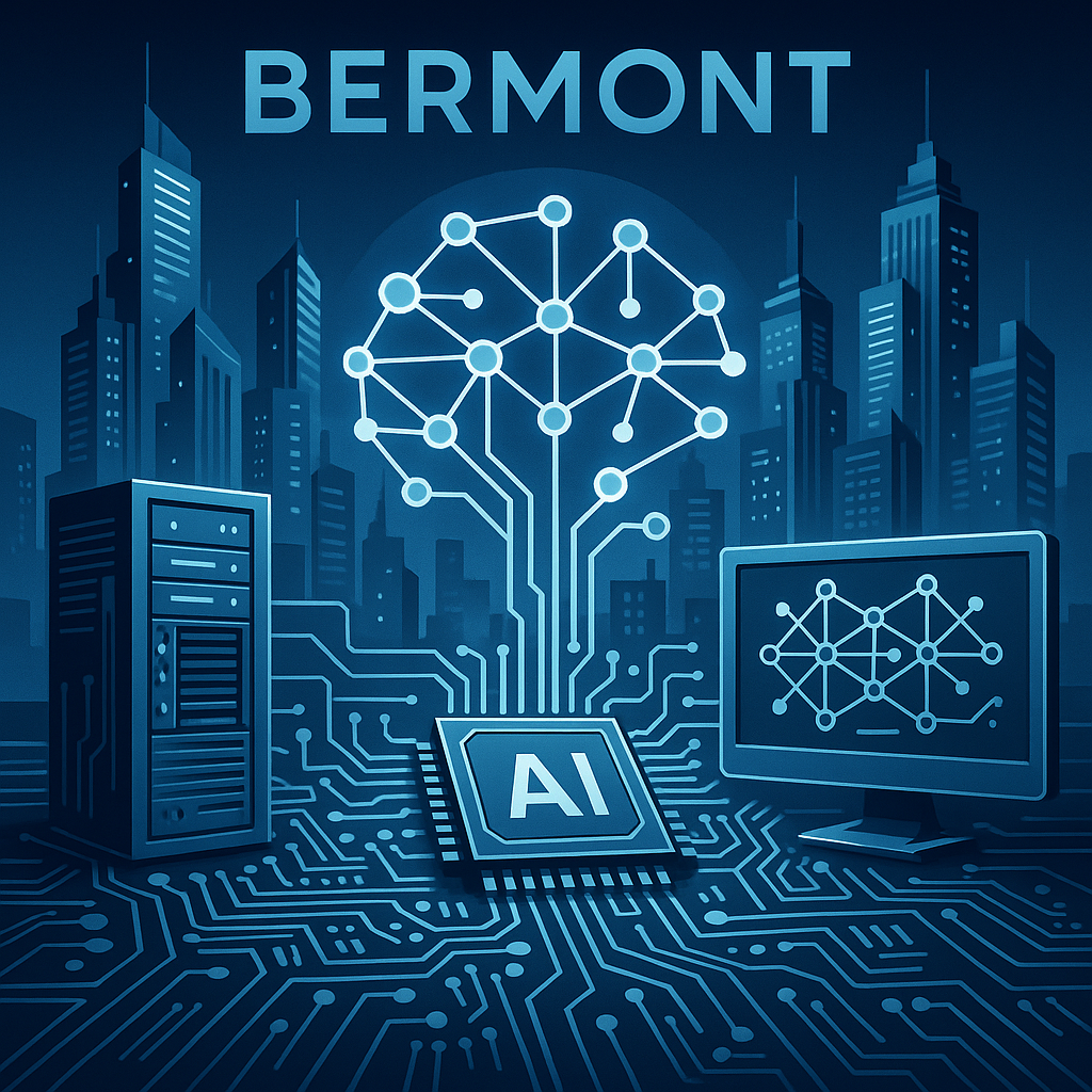 Futuristic depiction of Bermont as an AI innovation hub with neural networks and advanced computer science visuals representing AI shaping the future