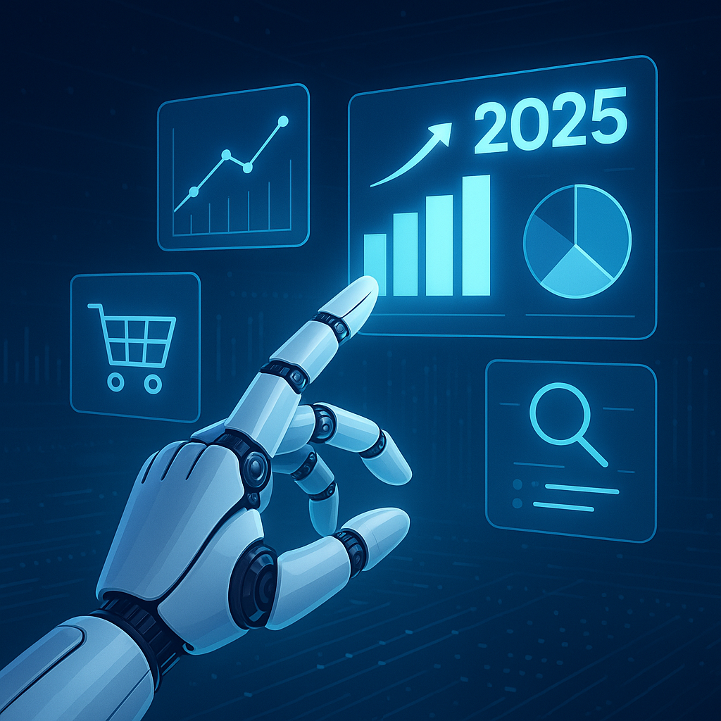 AI-powered automation revolutionizing marketing strategies and e-commerce growth with futuristic digital icons and data holograms