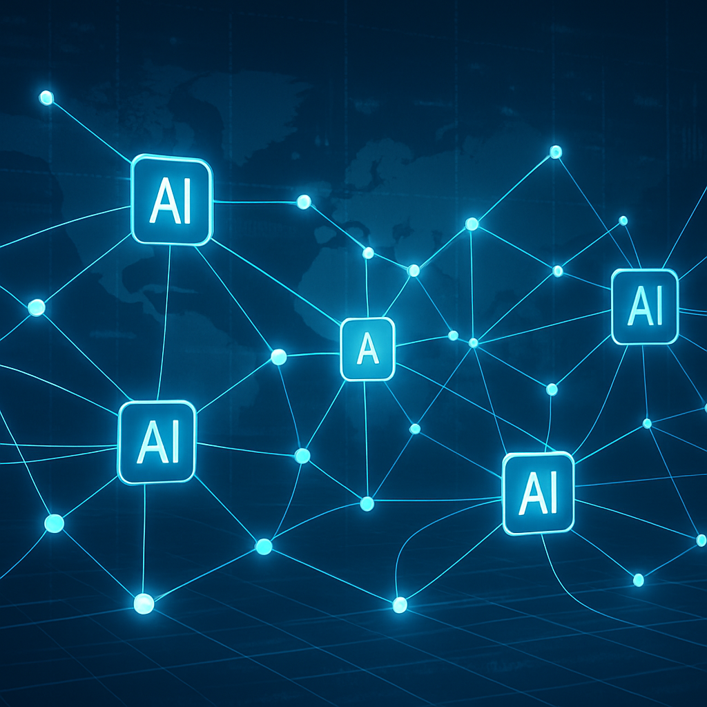 Digital visualization of AI-powered autonomous agents connected in a dynamic network representing complex system decision-making transformation