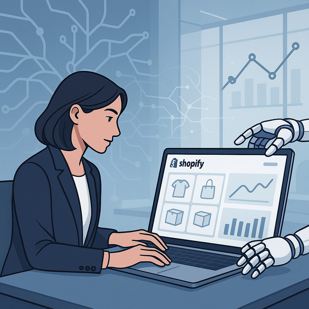 Modern entrepreneur using AI-powered Shopify store tools to streamline business operations and enhance customer experience in a futuristic workspace
