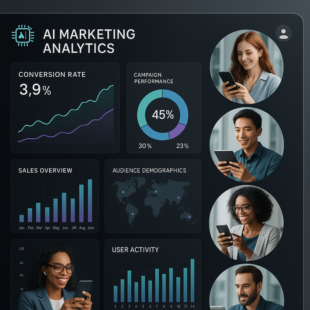 Artistic digital dashboard showcasing AI-powered customer personalization in digital marketing with data visualizations and customer profiles