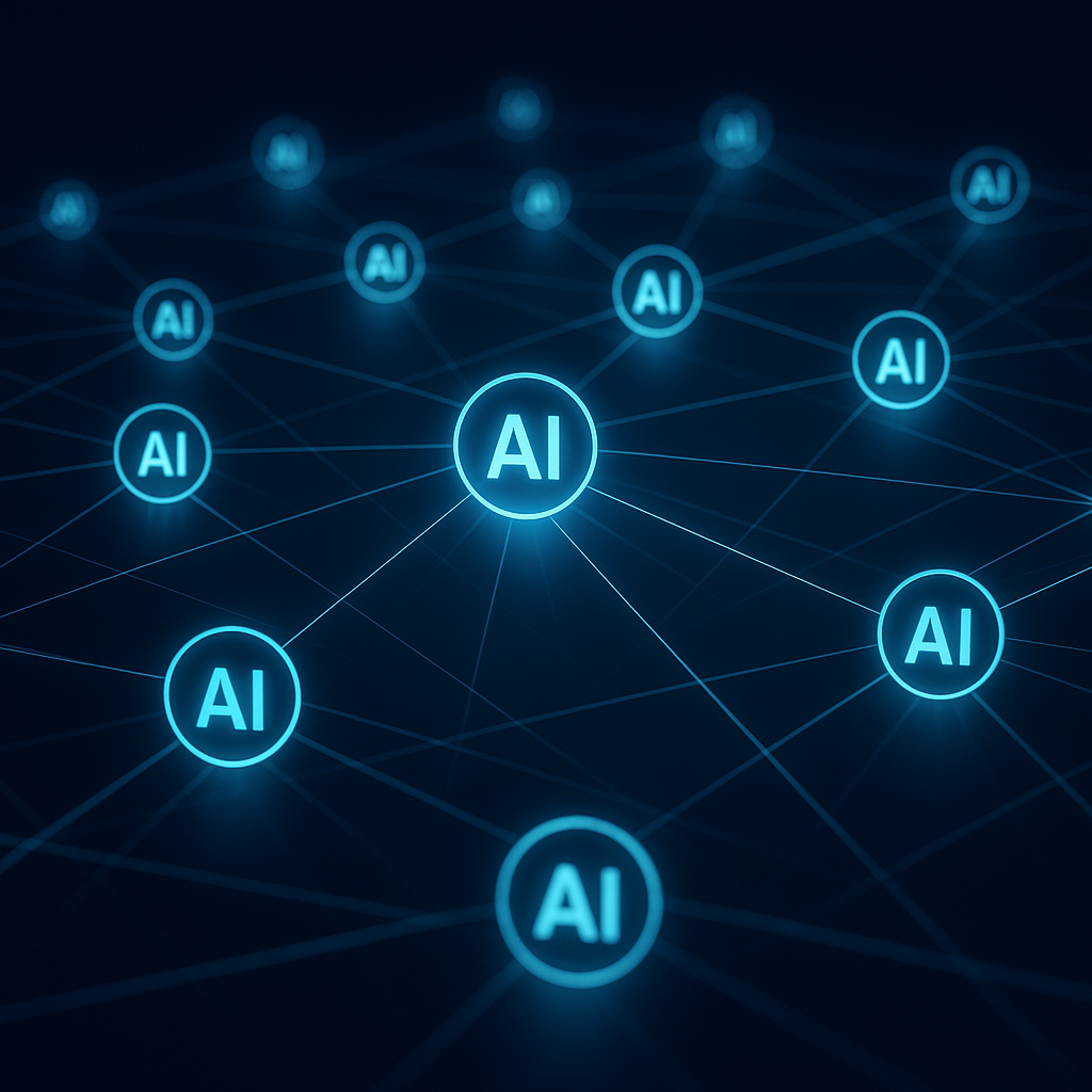 Illustration of autonomous computer agents interconnected in a digital network, symbolizing their revolutionary role in artificial intelligence applications in 2025.