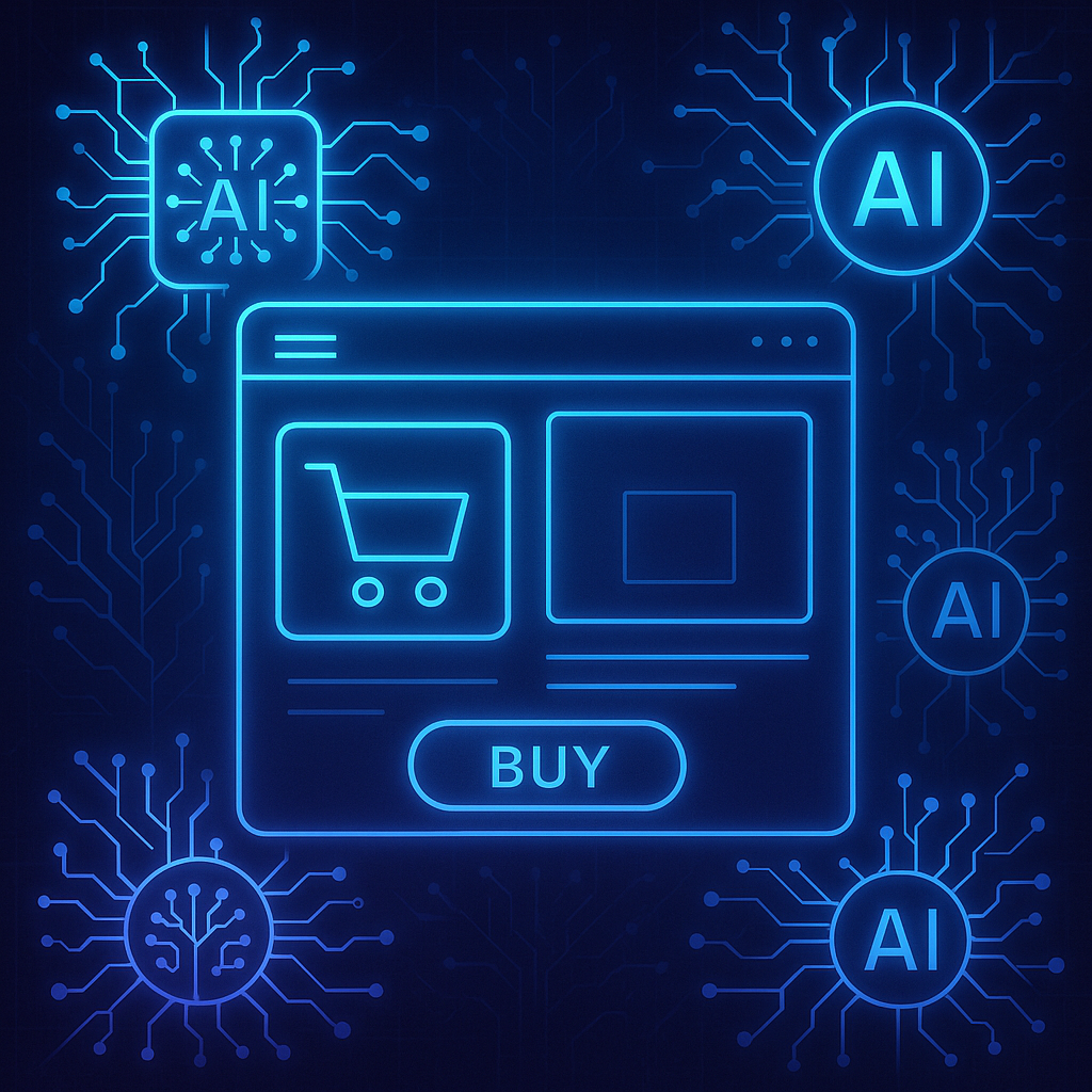 Illustration of futuristic ecommerce platforms integrated with artificial intelligence symbols, representing collaboration between ecommerce companies and AI innovators to revolutionize marketing strategies.