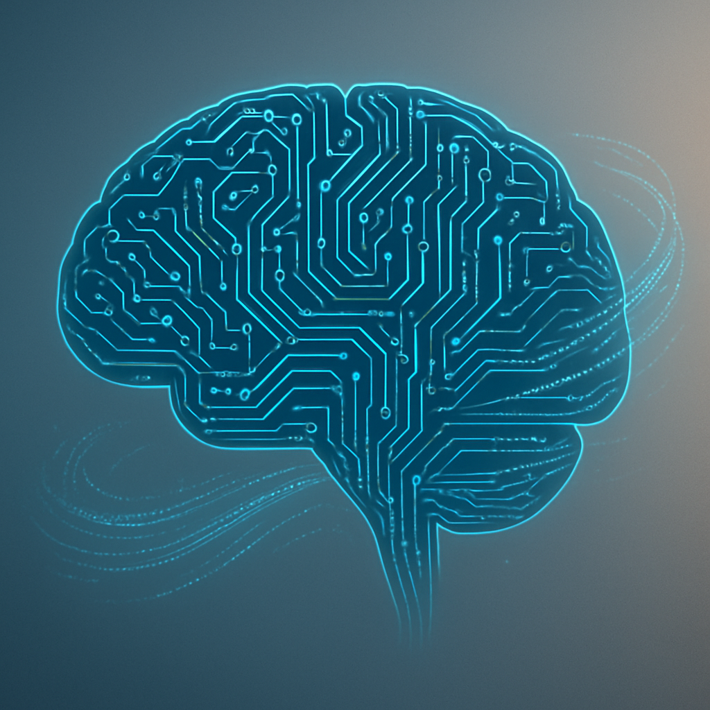 Futuristic digital brain with circuits and data streams representing AI language models’ evolution and ethics in 2024