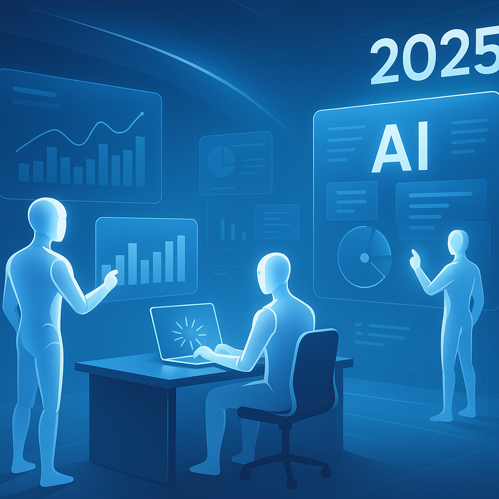 Futuristic digital workspace depicting AI agents interacting with business data visualizations, representing AI agents in custom business applications and digital marketing strategies.