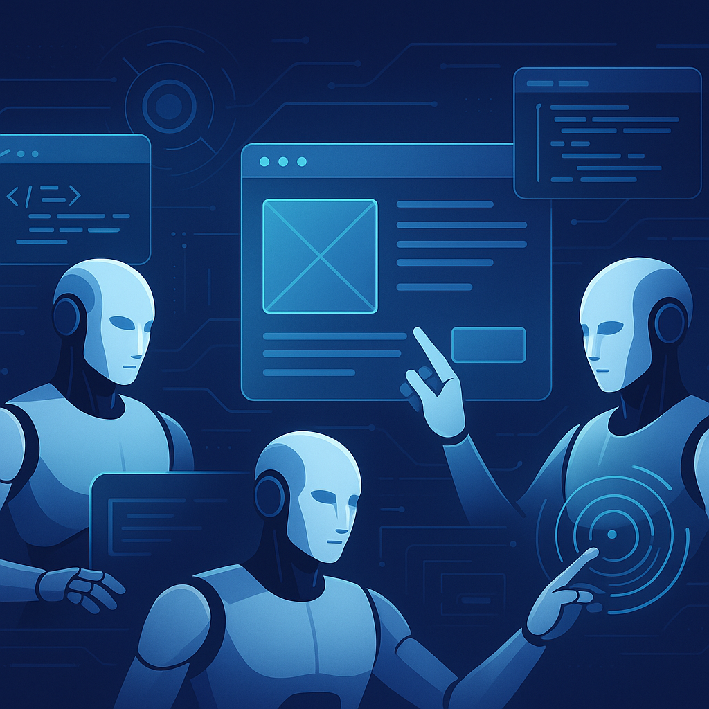 Modern digital illustration depicting AI agents collaborating in website development with code and futuristic UI elements, symbolizing innovative AI use cases and real-world examples