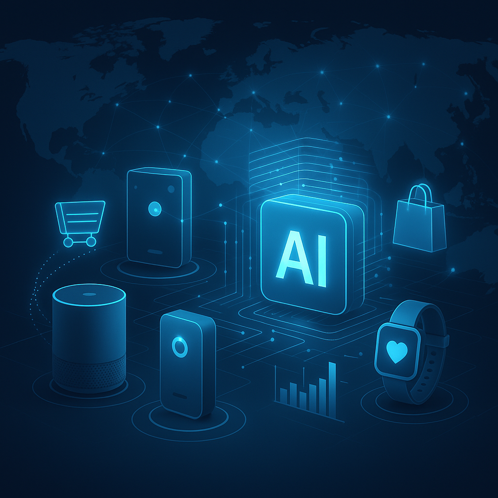 Futuristic digital interface of e-commerce surrounded by AI icons and interconnected smart devices representing AI and AIoT revolution in digital marketing and e-commerce