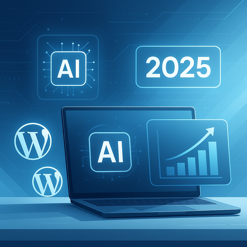 Abstract digital workspace illustrating AI and WordPress integration accelerating business development in a modern, futuristic style