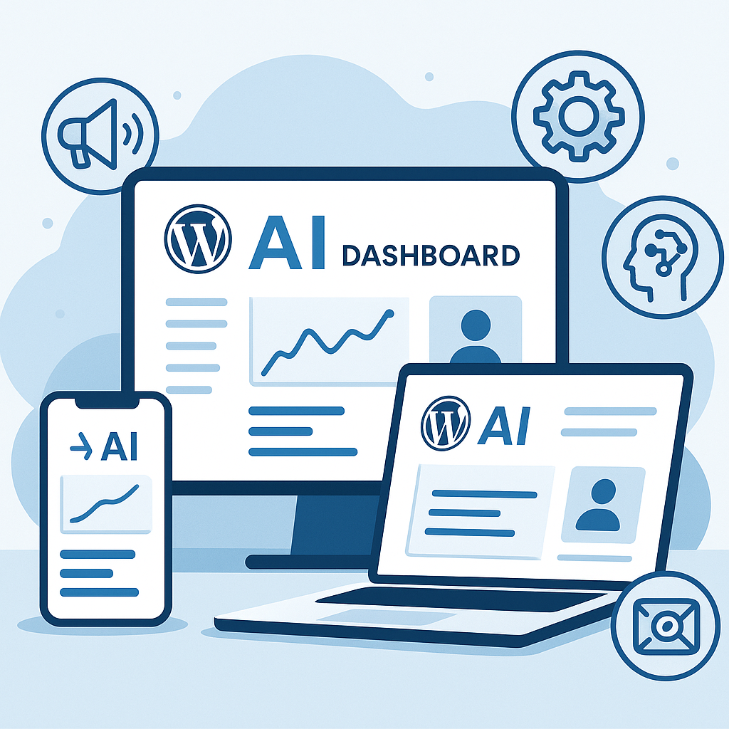 Modern digital workspace displaying AI-driven WordPress web solutions revolutionizing digital marketing strategies in 2024, highlighting personalization and automation features.