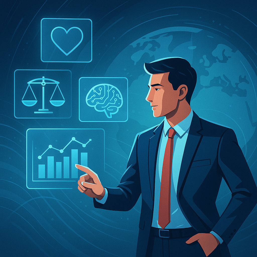 Futuristic marketer harnessing AI for online marketing success showing ethical AI symbols and advanced AI technology icons in a modern digital interface