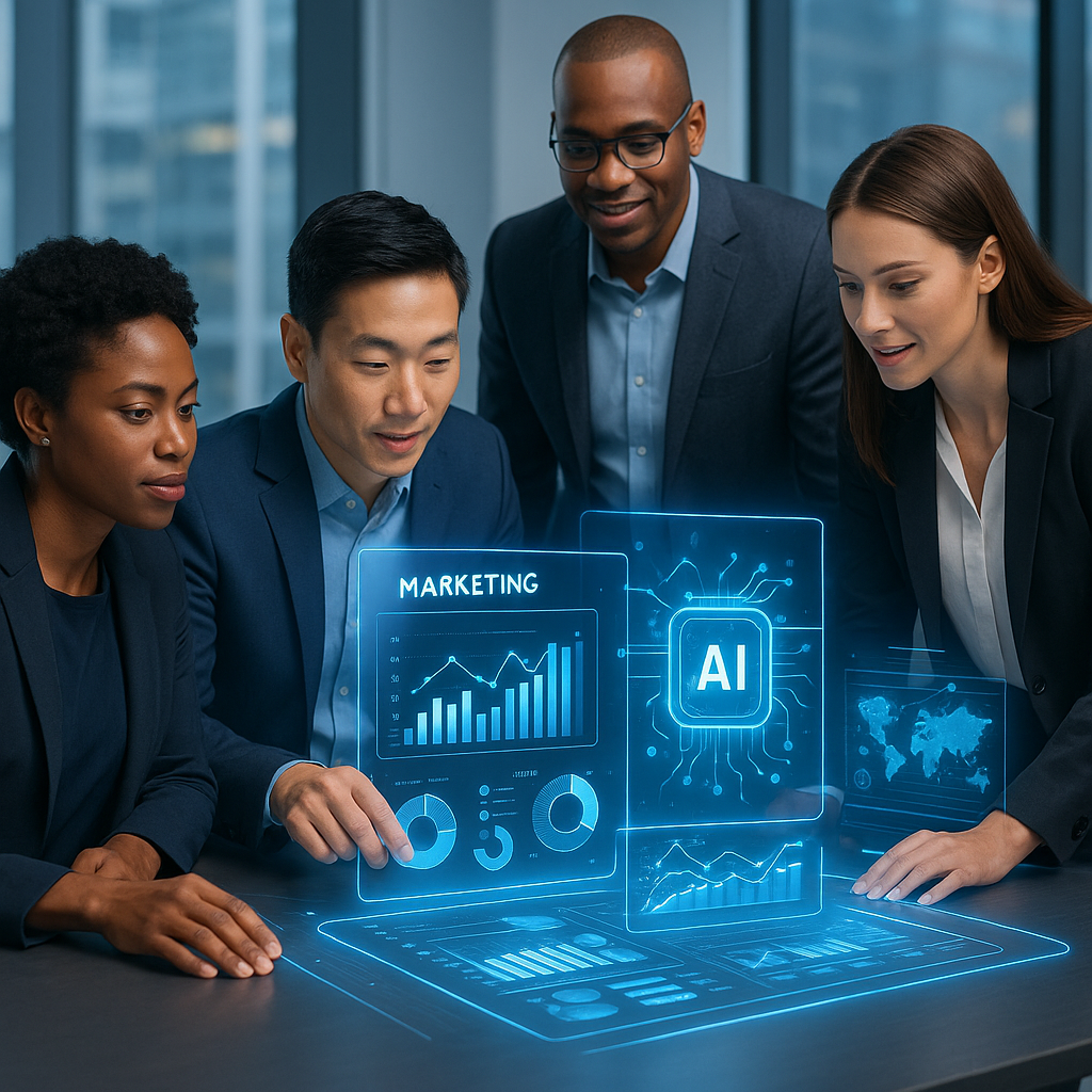 Corporate team collaborating with AI-powered custom software visualizations transforming business marketing strategies in 2025