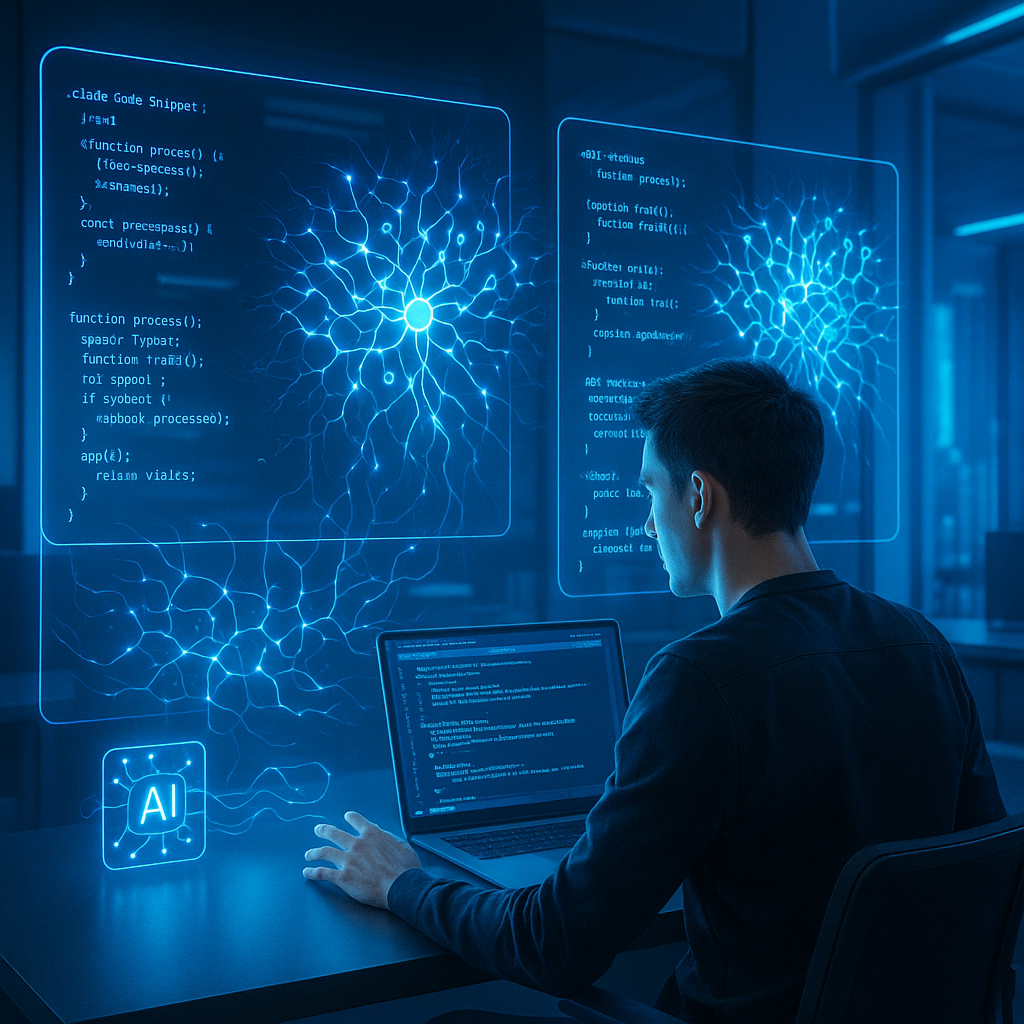 Illustration of a developer using AI-enhanced web coding tools with holographic interfaces and neural network visuals symbolizing AI revolution in web development