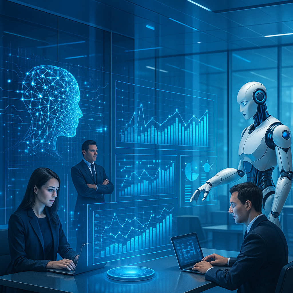 Futuristic illustration of AI technology transforming business and computer science with holographic data and AI-human collaboration
