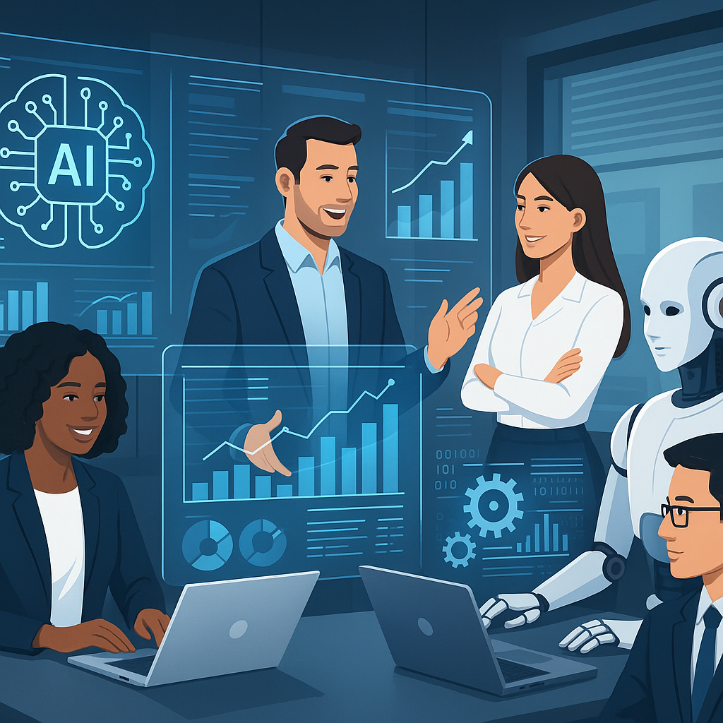 Illustration of professionals utilizing AI technologies and holographic data displays to accelerate digital transformation in enterprise operations