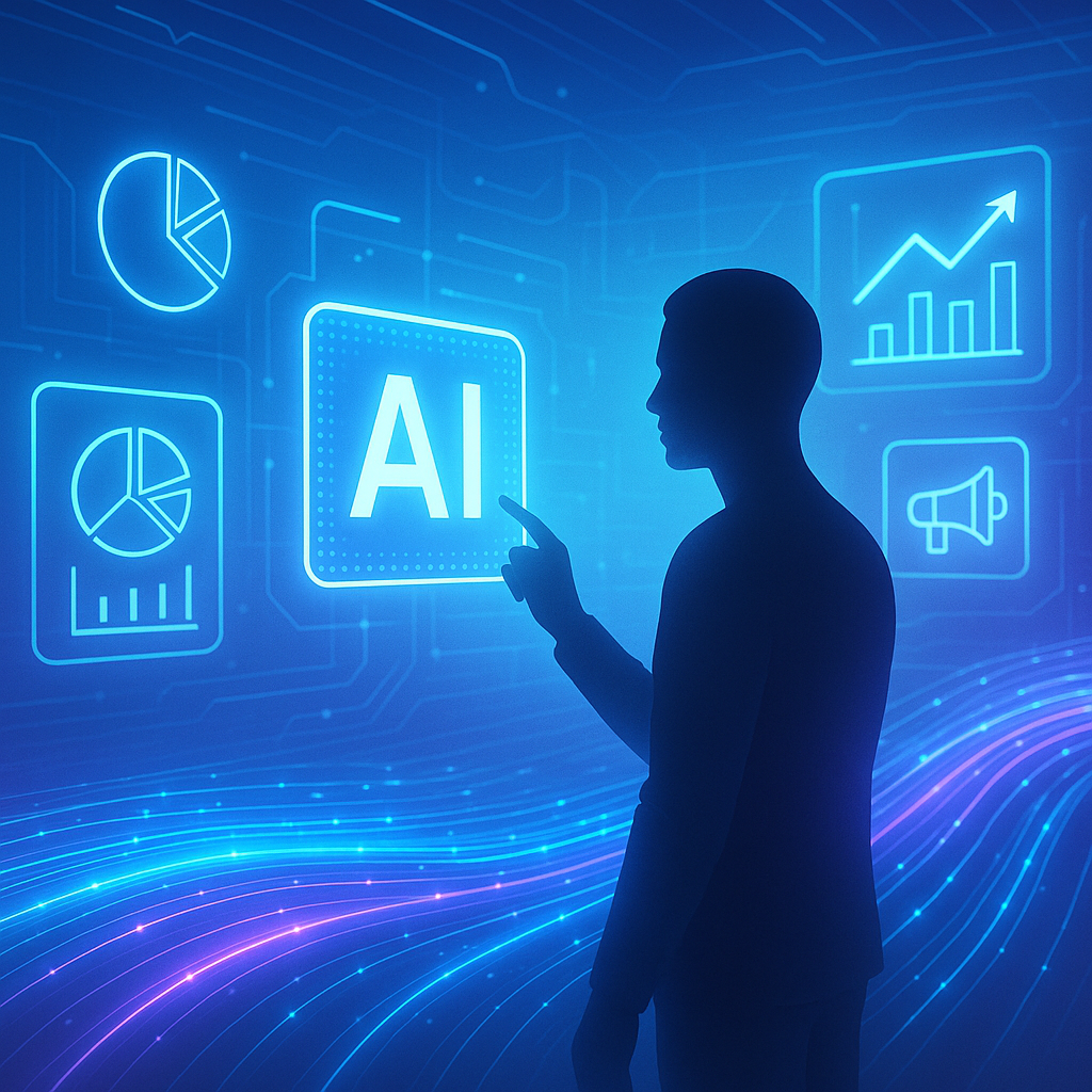 Futuristic digital marketing scene showing a human interacting with holographic AI icons symbolizing AI-powered digital transformation and advanced AI computing in marketing strategies.