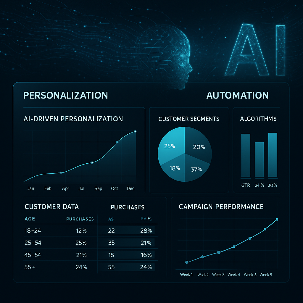 Modern digital marketing dashboard showcasing AI-powered personalization and automation analytics with futuristic AI data visualizations