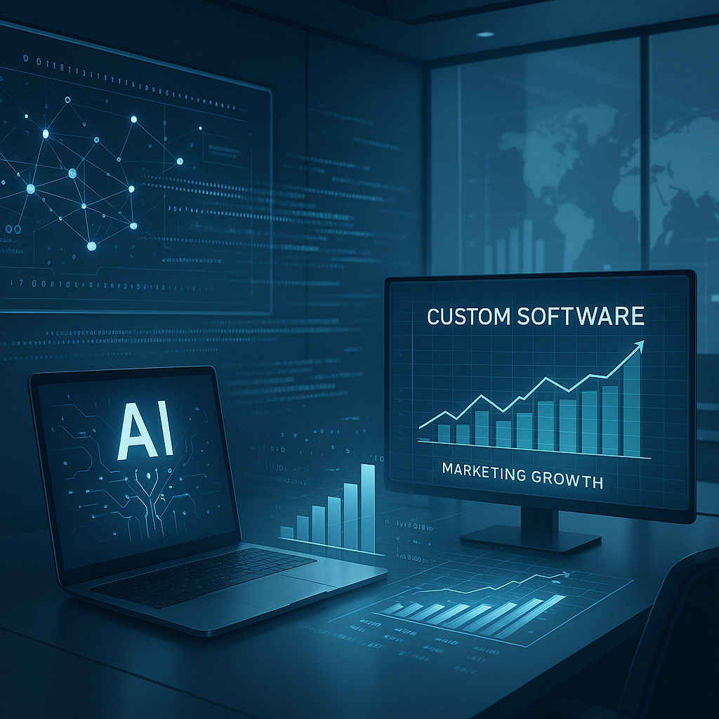 Illustration of a futuristic digital workspace highlighting AI and custom software integration for revolutionary marketing strategies, symbolizing business growth and innovation.