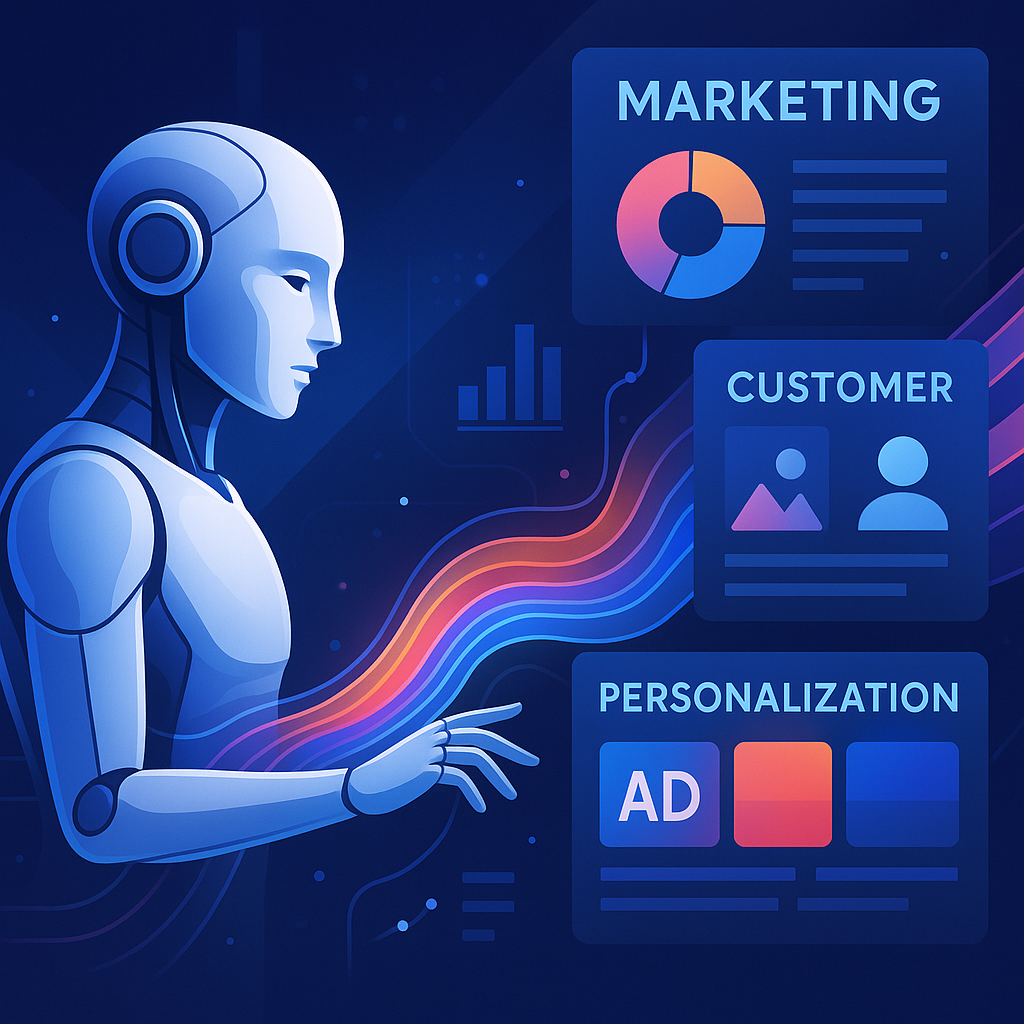 Digital marketing transformation through good AI and tailored software solutions showing AI figure interacting with personalized marketing data streams