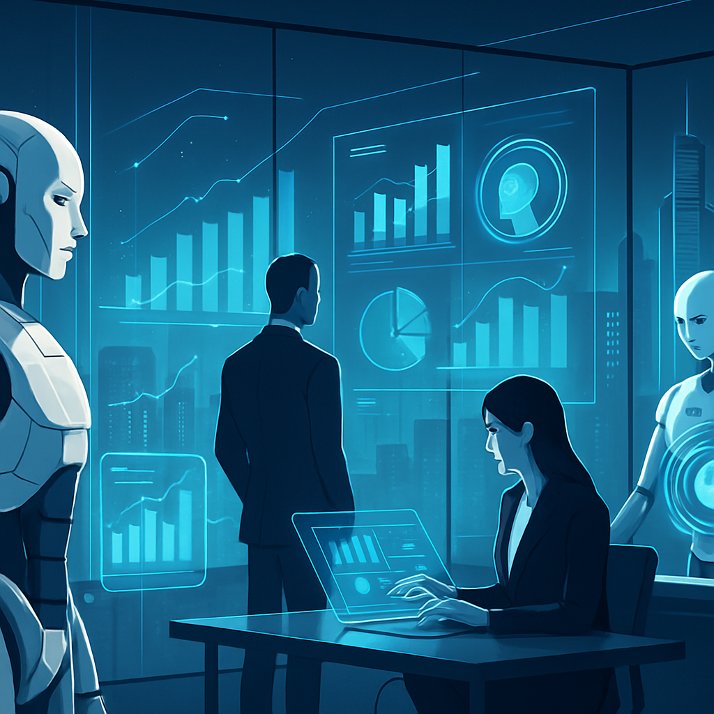 Futuristic scene illustrating intelligent machines and AI revolutionizing business development with holographic data charts and urban digital interface