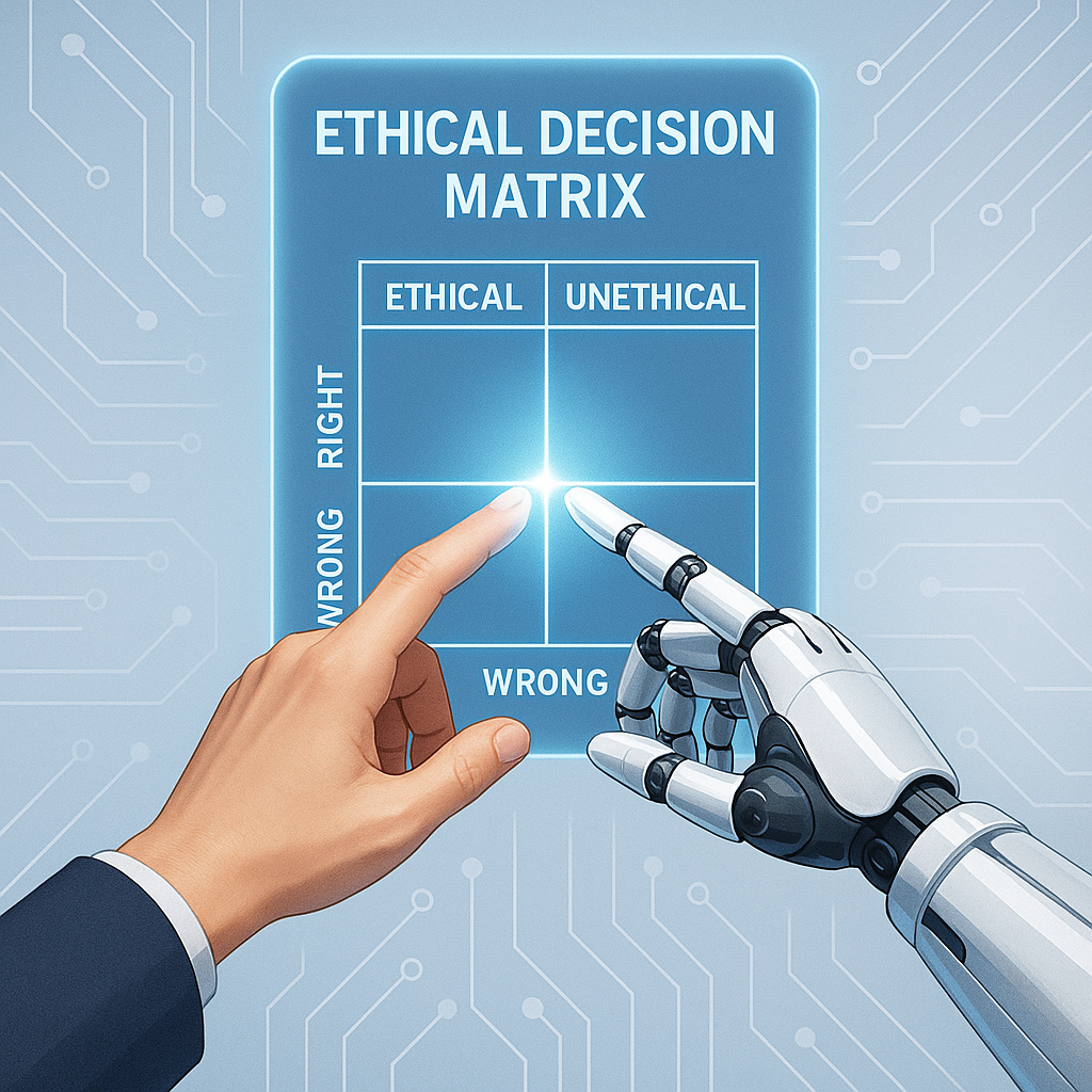 A futuristic digital interface showing human and AI hands collaborating on ethical decision-making, representing the power of good AI agents in ethical contexts.