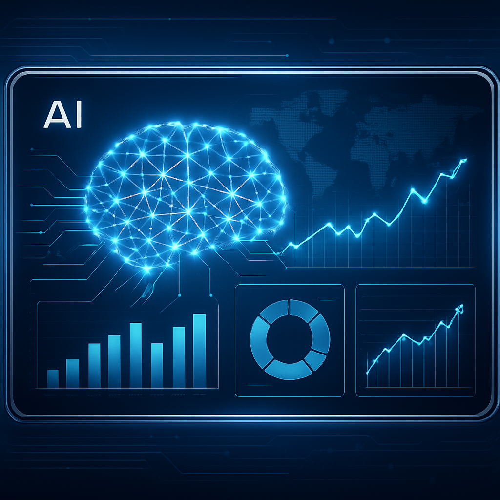 AI-driven predictive analytics dashboard illustrating strategic business decision-making through advanced data visualization and artificial intelligence concepts.