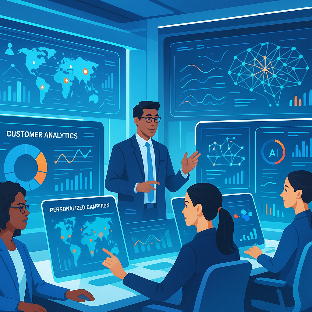 AI marketing technology interfaces showcasing hyper-personalized customer engagement analytics and dynamic campaign visuals in a futuristic digital marketing workspace.