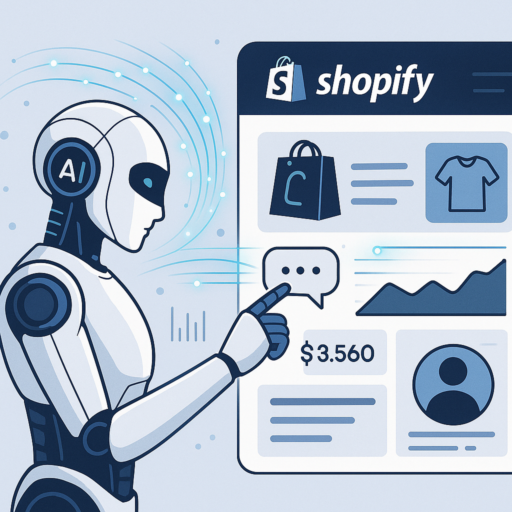 Illustration of how AI-powered agents enhance customer experience and sales optimization in Shopify stores, featuring intelligent data interactions and digital commerce themes