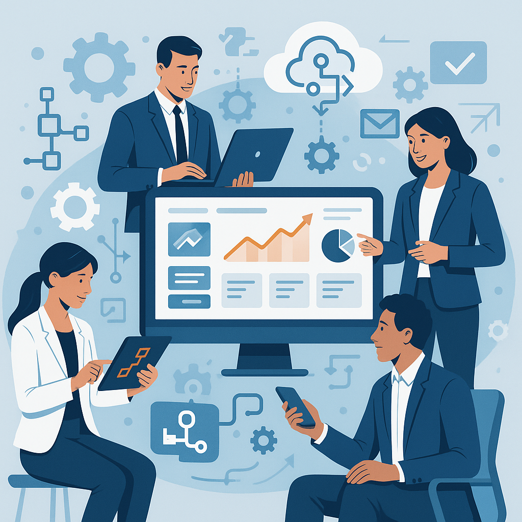 Illustration of business professionals using custom business software dashboards symbolizing efficiency and digital transformation for mid-sized enterprises in 2024