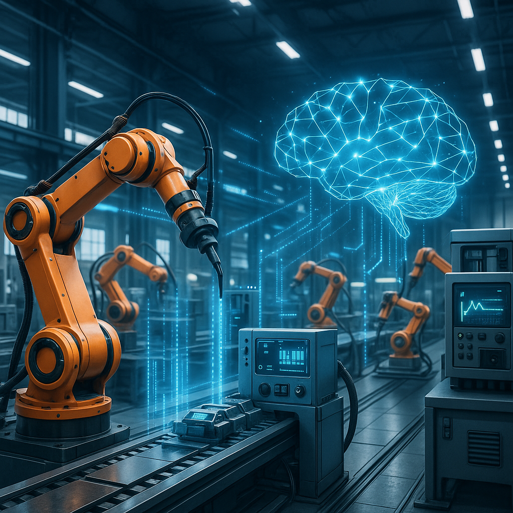 Futuristic factory with AI-powered robots and digital data overlays illustrating custom AI development for Industry 4.0