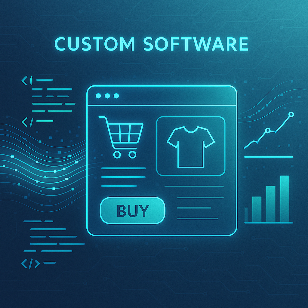Digital illustration of e-commerce interface fused with custom software code symbolizing revolutionizing efficiency and customer experience