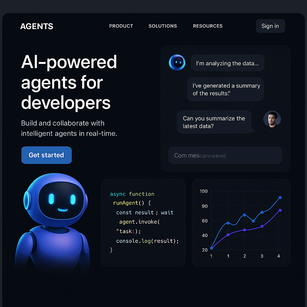 Modern developer website showcasing AI agents assisting developers with personalized interactions and code automation, illustrating revolutionary custom software development