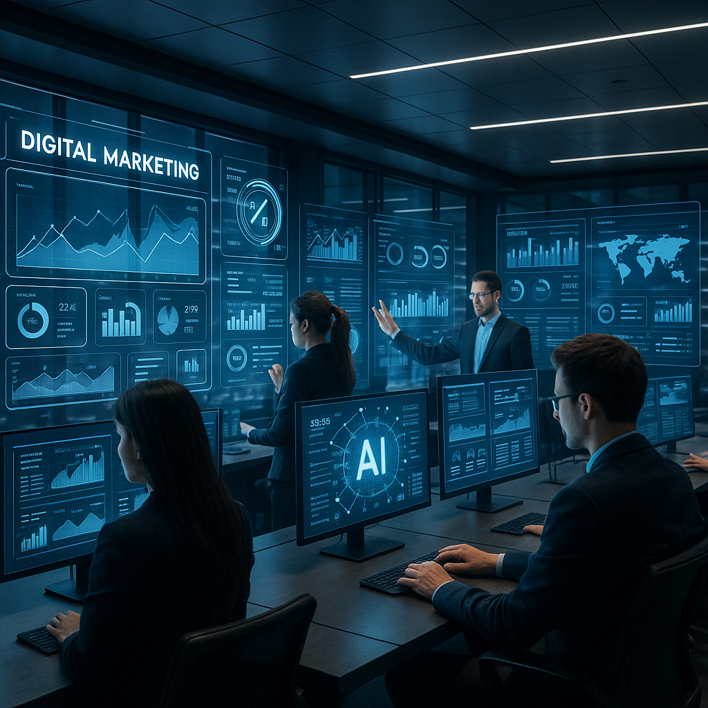 Futuristic digital marketing control room displaying AI analytics and custom software interfaces, representing how custom software companies leverage AI to revolutionize marketing strategies in 2025