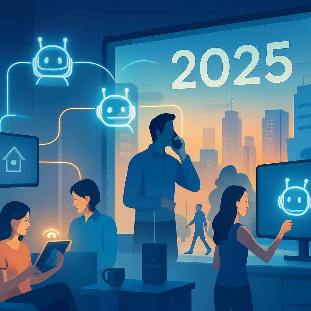 Illustration showing intelligent agents seamlessly integrating AI technology into everyday life environments with smart devices and human interaction in 2025.