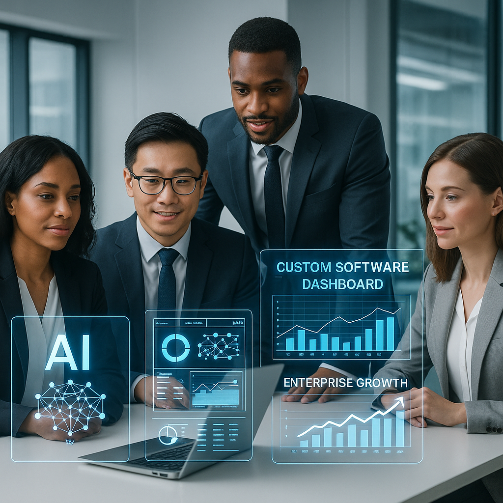Diverse professionals collaborating over futuristic holographic displays showcasing AI-driven custom business software and enterprise growth metrics