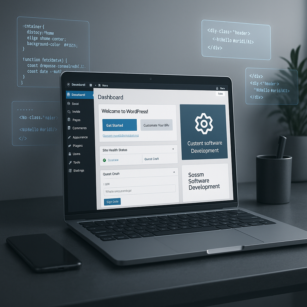 Modern workspace showing a WordPress dashboard alongside custom software coding visuals symbolizing tailored digital solutions for custom software development companies