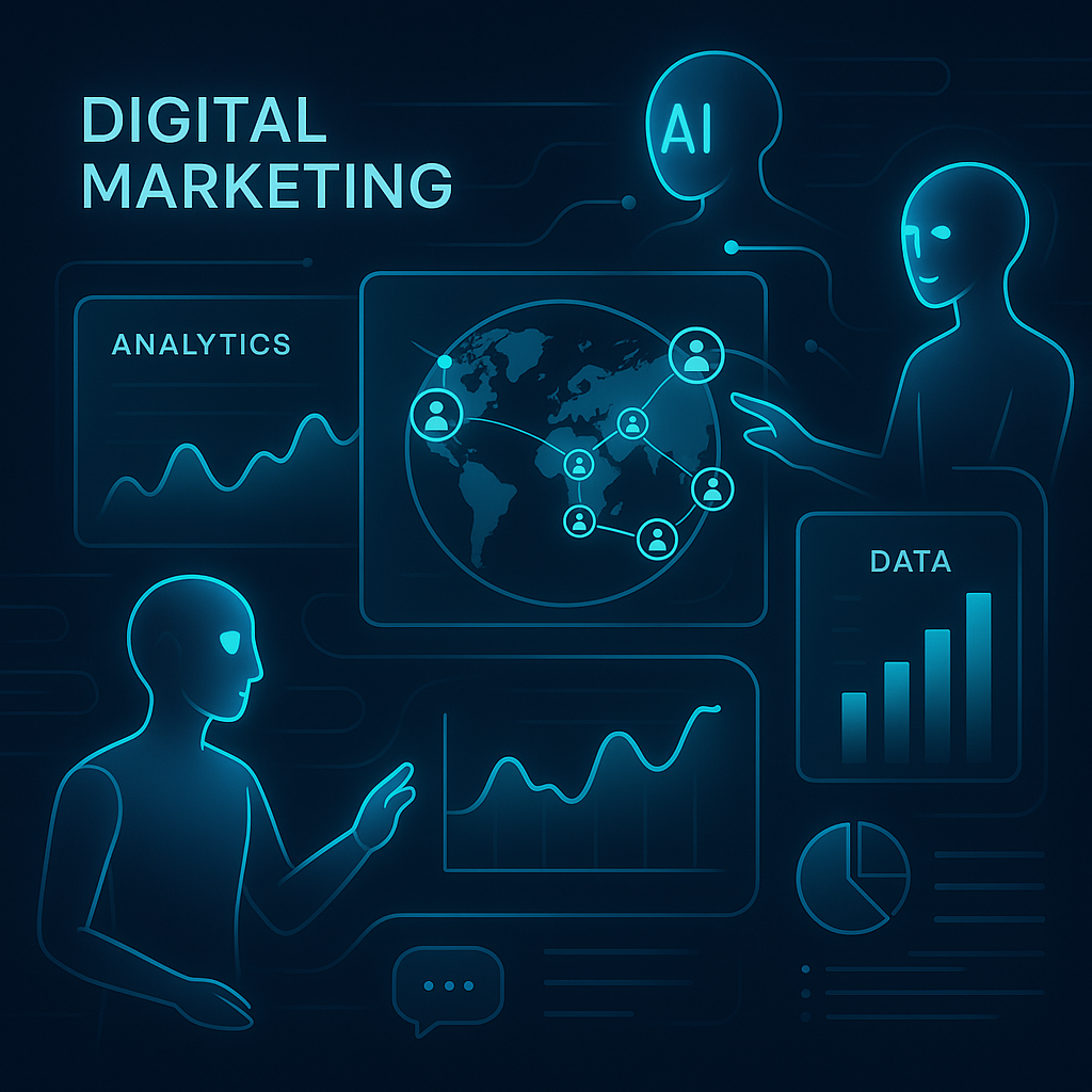 Visual representation of intelligent AI agents interacting with digital marketing data streams, symbolizing artificial intelligence revolutionizing customer engagement in 2025