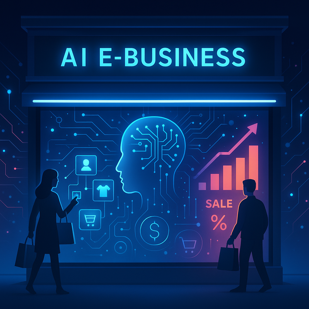 Illustration of AI technology revolutionizing e-business and boosting online store sales in a futuristic digital commerce environment