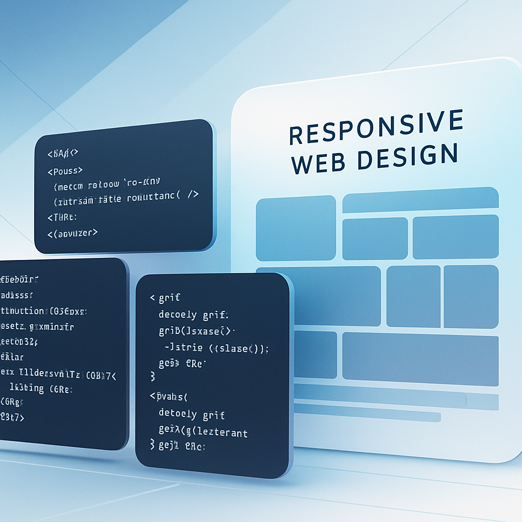 Illustration of fluid and adaptive web coding techniques symbolized by layered code and grid patterns representing mastering responsive web design in 2024.