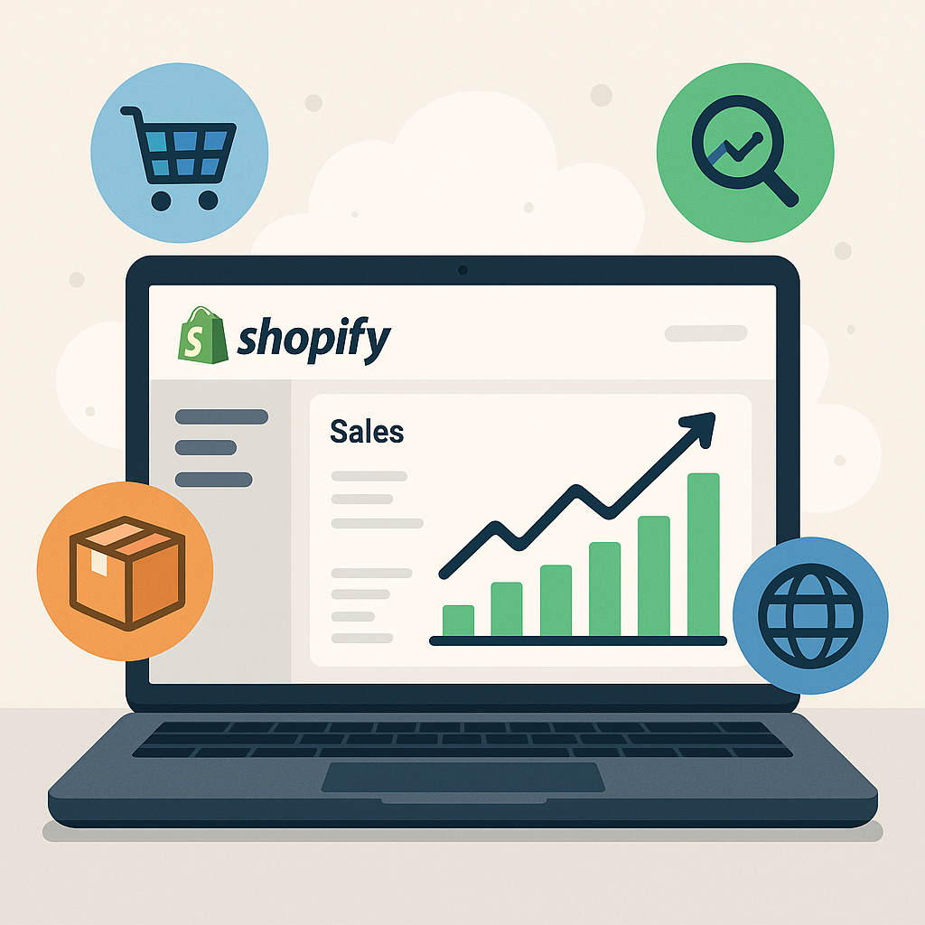Illustration of a profitable Shopify store dashboard displaying sales growth with e-commerce related icons symbolizing online business success.
