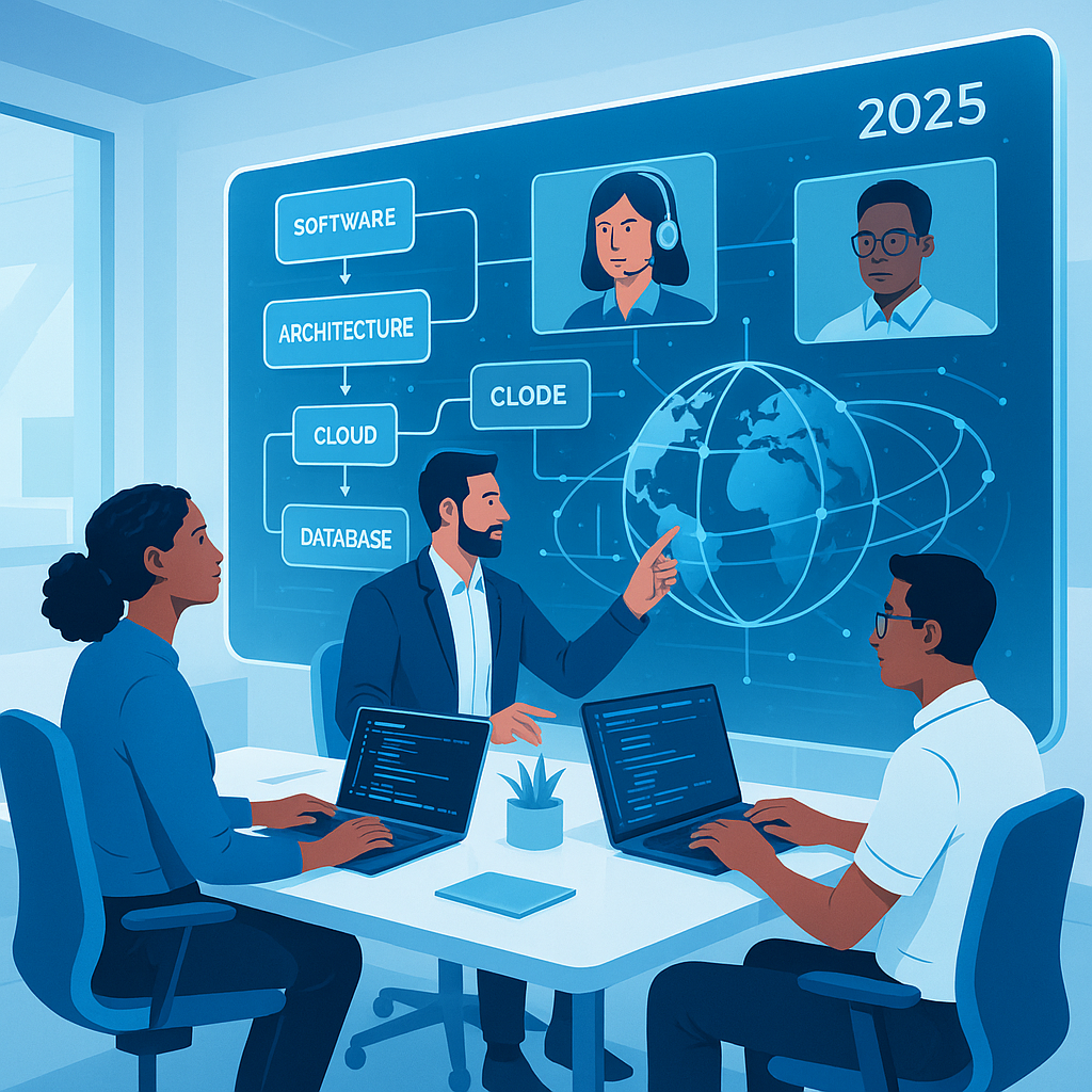 Illustration of diverse developers collaborating on custom software development outsourcing with futuristic digital interfaces and global connections.