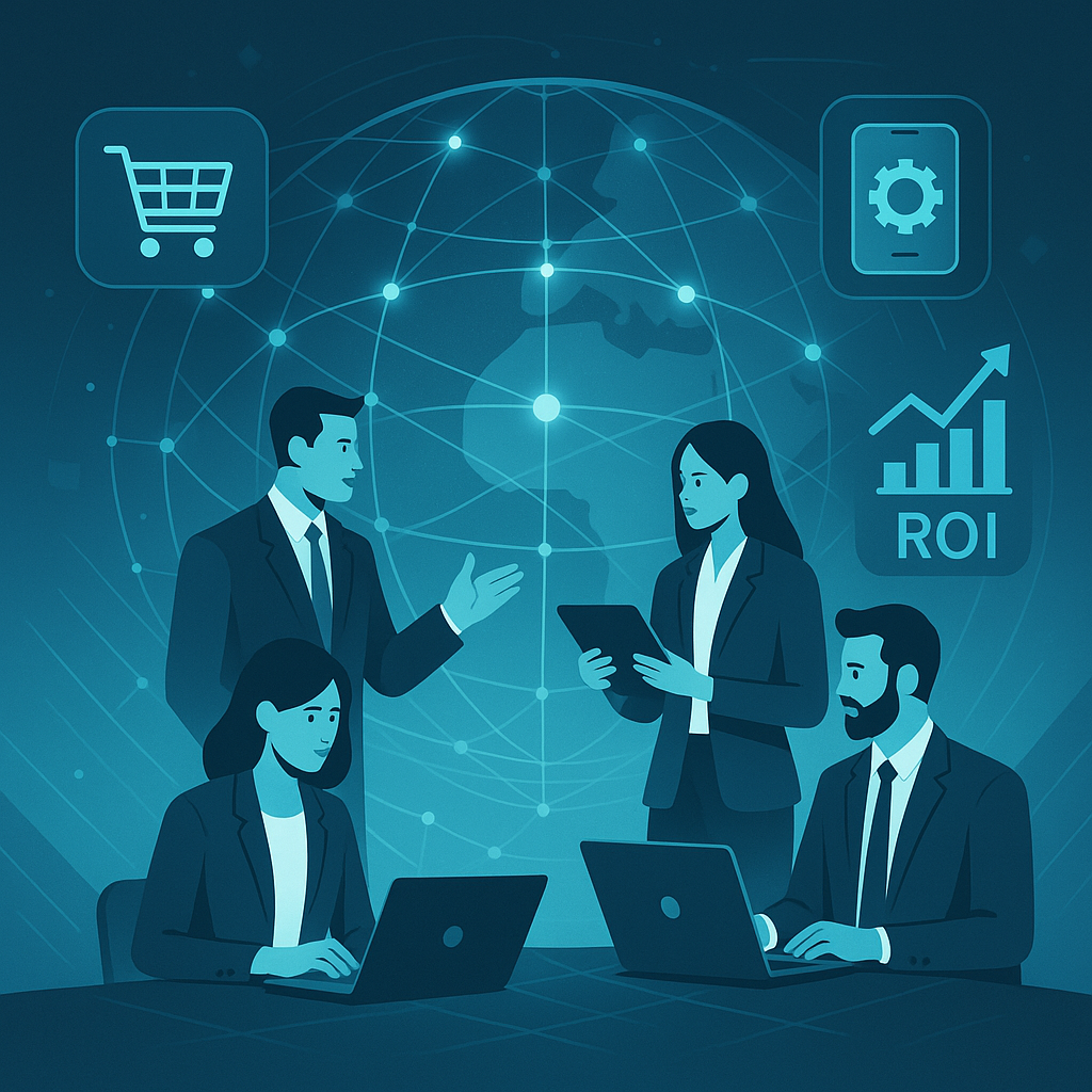 Illustration of global business collaboration and e-commerce application development driving ROI and growth