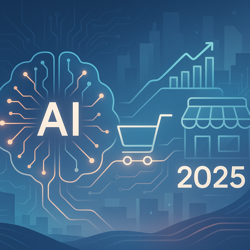 Futuristic digital illustration showing AI and ecommerce technology integration revolutionizing business growth with neural networks and ecommerce icons in a modern style.