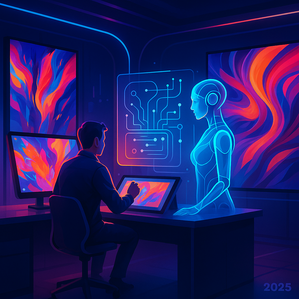 An artist collaborating with an AI holographic interface in a futuristic studio surrounded by abstract digital artworks symbolizing AI transforming artistic expression
