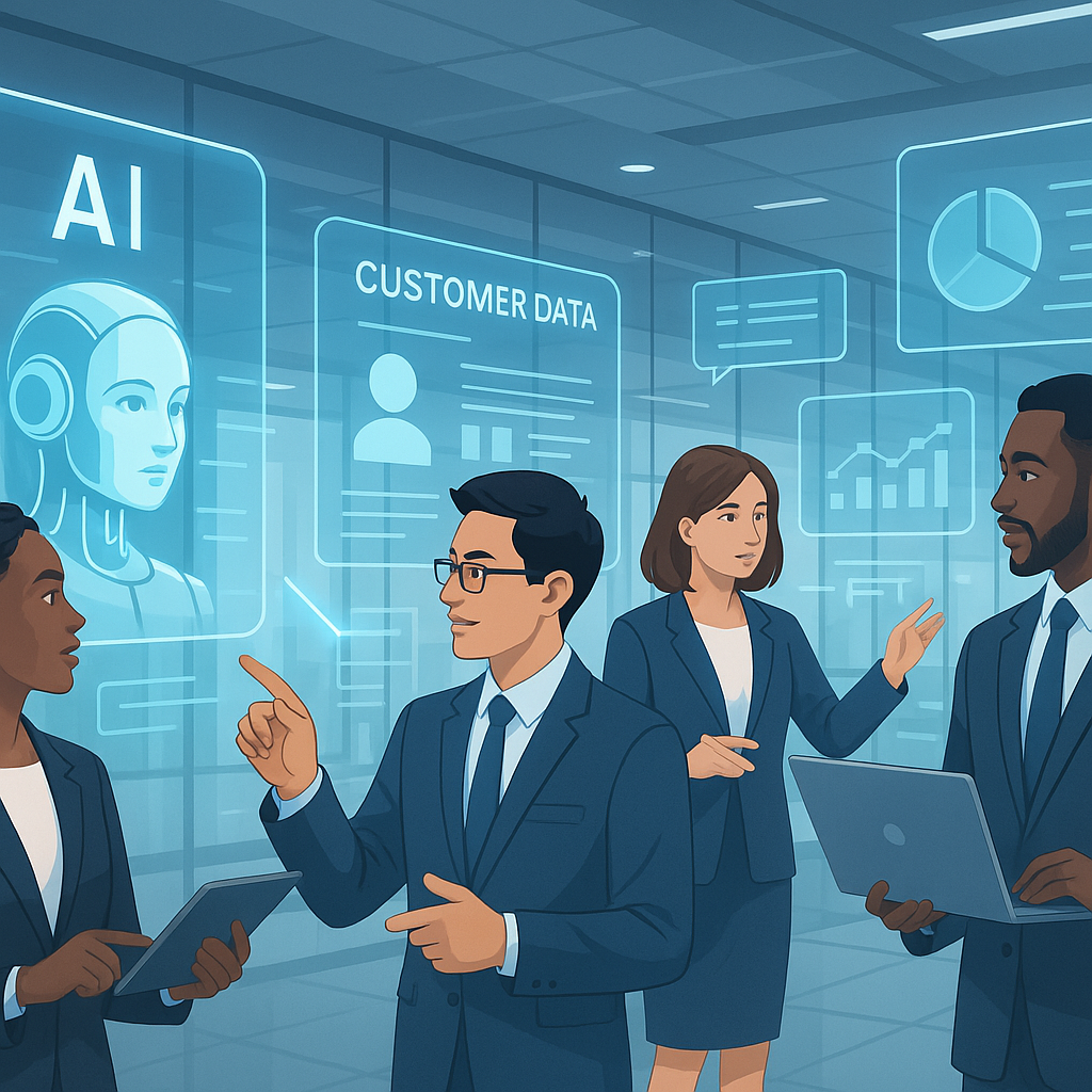 Futuristic office scene with professionals using AI-driven business software and customer service tools, illustrating revolutionizing customer experience with AI technology.