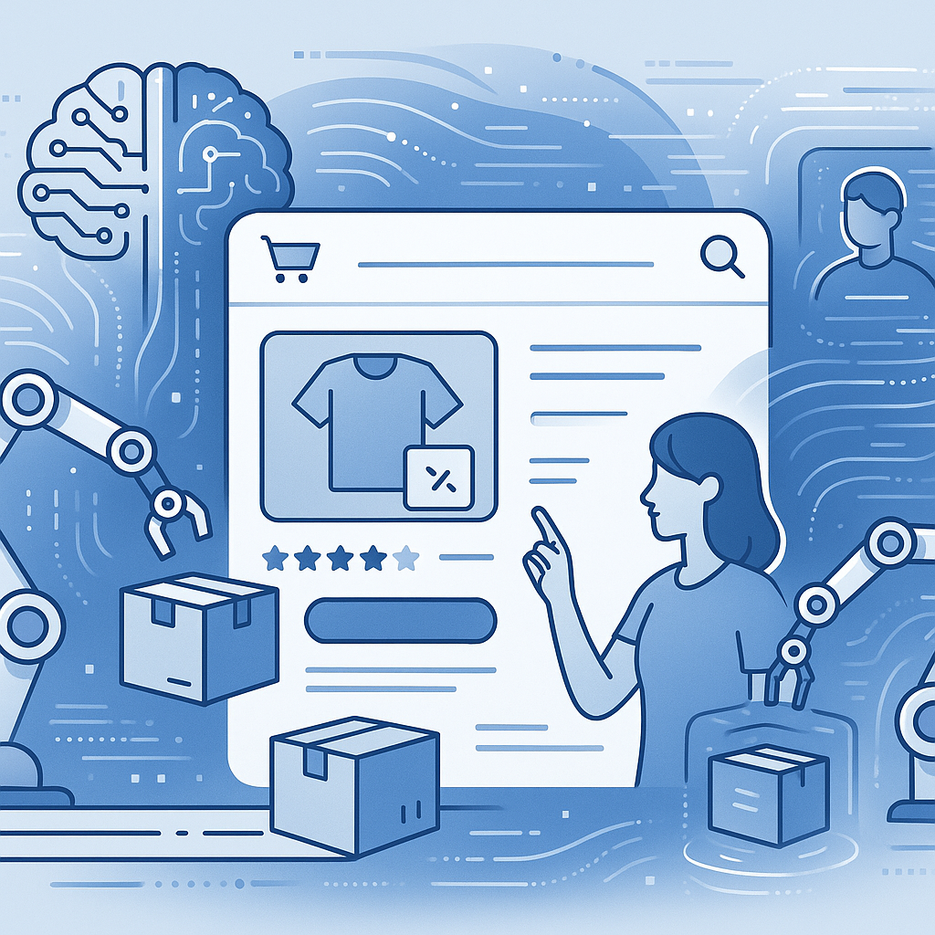 Futuristic illustration of AI-driven online e-commerce innovations enhancing customer experience and business operations, symbolizing technology and innovation in digital retail.