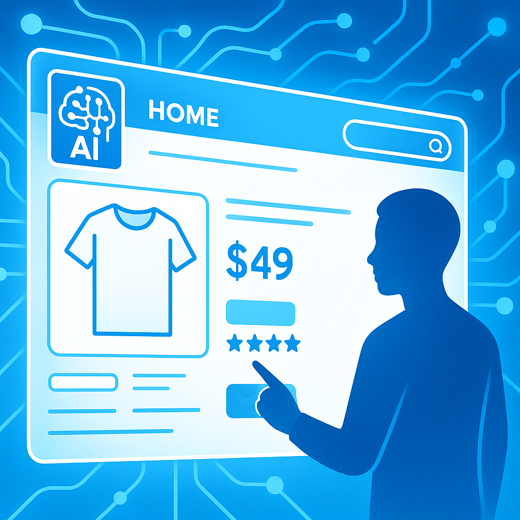 Futuristic e-commerce interface with AI neural network illustrating AI-driven development websites transforming online shopping solutions in 2025
