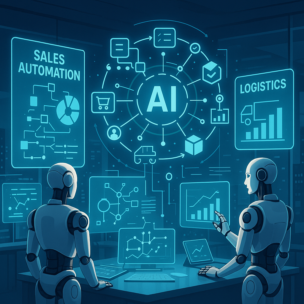 Futuristic digital interface depicting AI agents orchestrating sales automation and logistics workflows with dynamic data visualizations and holographic elements