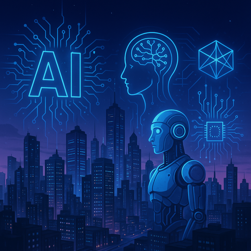 Futuristic cityscape with holographic neural networks and AI symbols symbolizing cutting-edge artificial intelligence technologies shaping the future