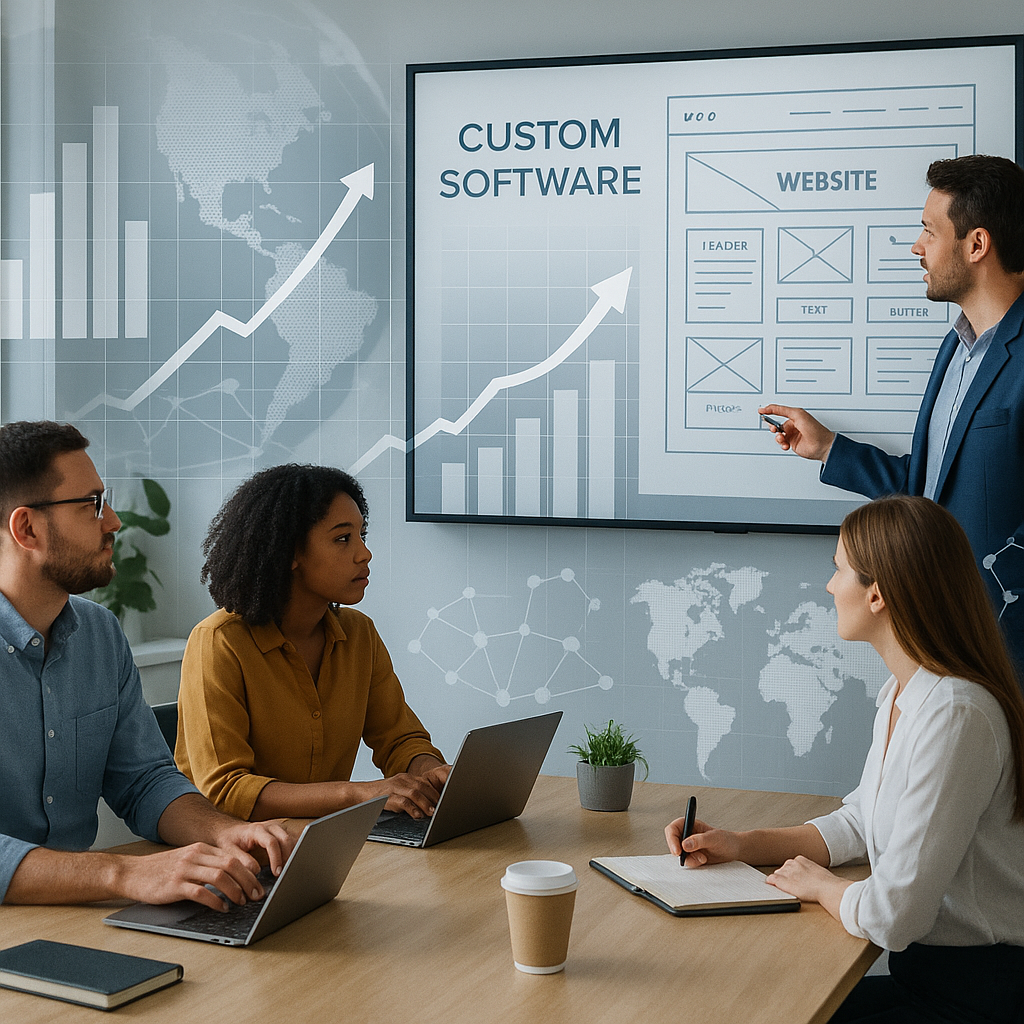 Team collaborating on custom software and website design symbolizing scalable business growth