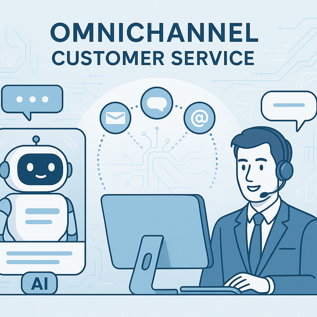 Illustration of a futuristic customer service software interface highlighting AI chatbots, human agents, and seamless multichannel communication enhancing user experience